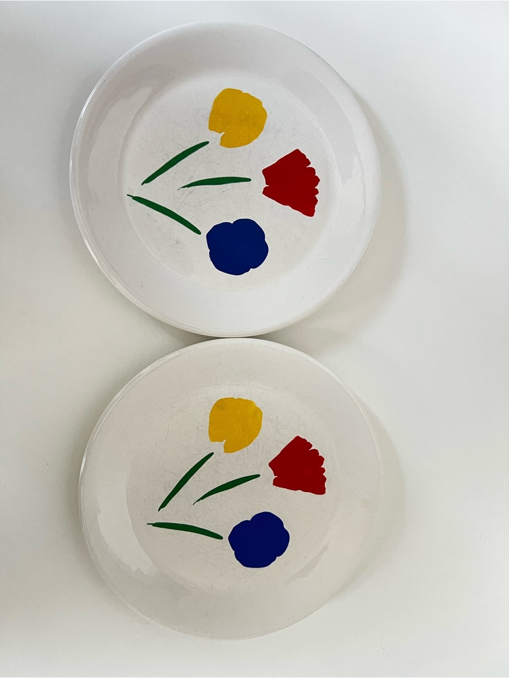Vintage Marimekko Three Flowers Primary Tulip Small Plates Set of 2 Scandinavian